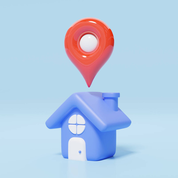 3D mavi ev, lokasyon simgesi. Kırmızı GPS navigatörü şirin evlerde yüzen noktaları kontrol ediyor. İş yatırımı, gayrimenkul, ipotek, kredi konsepti. Çizgi film simgesi çok az. 3d resimleme. - Fotoğraf, Görsel
