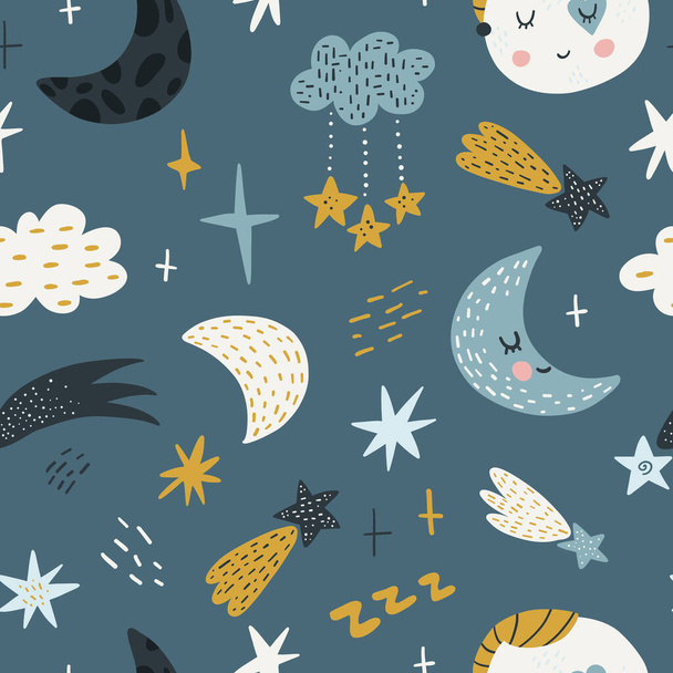 Seamless childish pattern with funny planet characters. Trendy space texture for fabric, apparel, textile, wallpaper. Cute kids print. Vector illustration. - ベクター画像