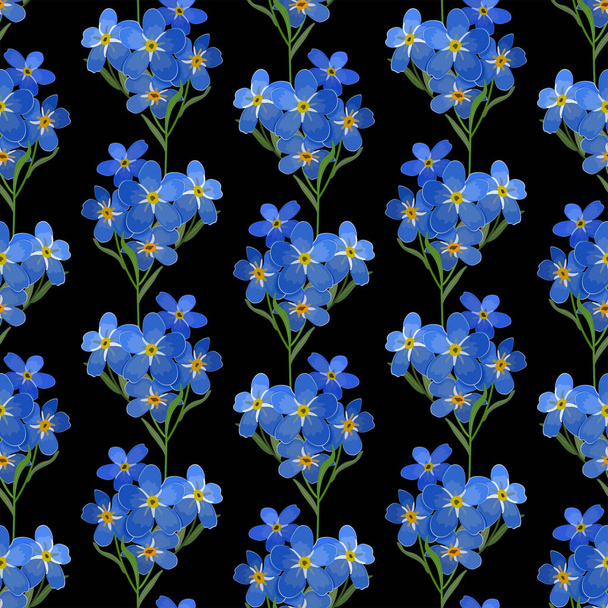бесшовный узор с голубыми цветами и листьями на черном фоне - Вектор,изображение