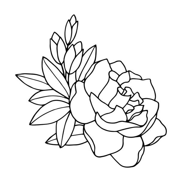 krásné květiny s ikonou listí na bílém pozadí, monochromatický styl, vektorové ilustrace - Vektor, obrázek