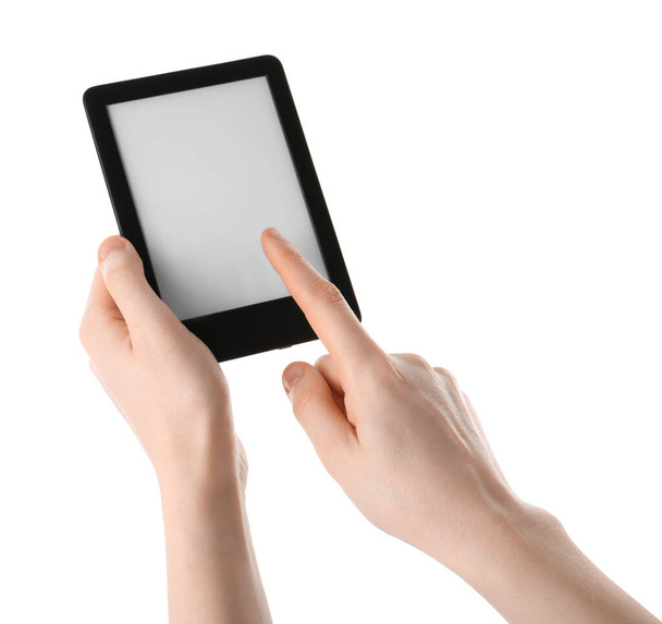 Woman using e-book reader on white background, closeup - Fotó, kép