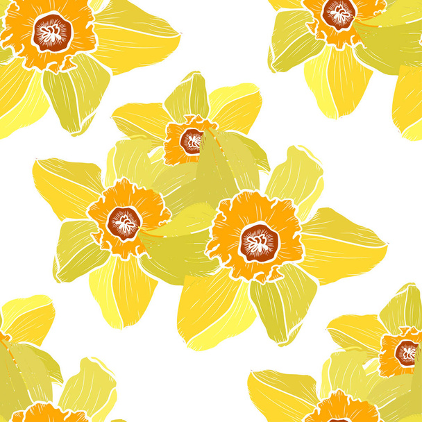Elegant seamless pattern with daffodil flowers, design elements. Floral  pattern for invitations, cards, print, gift wrap, manufacturing, textile, fabric, wallpapers - Wektor, obraz