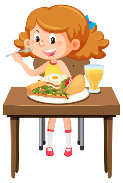 幸せな女の子はテーブルイラストで食べ物を食べるのを楽しむ - ベクター画像