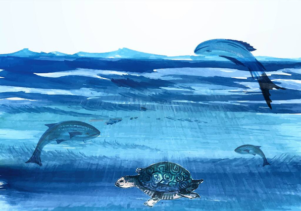 World oceans day with underwater ocean watercolor background - Vector, Image