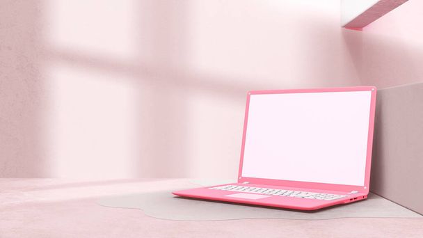 Roze laptop met minimale decoratie. Schaduw van boom en raam op cementvloer. Mock-up computer en minimalisme concept, 3D Render. - Foto, afbeelding