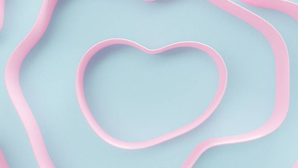 Różowa ramka w kształcie serca, która wygląda jak wstążka na niebieskim tle. minimalna koncepcja pomysłu, Render 3D. - Zdjęcie, obraz