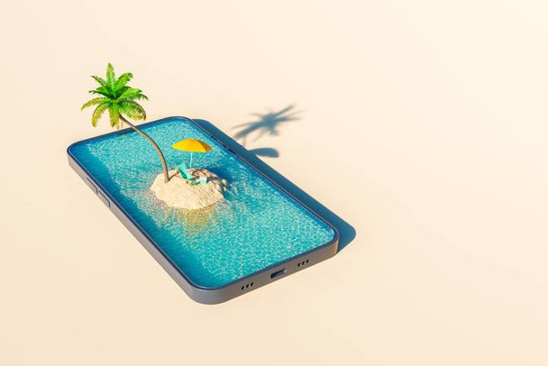 晴れた日には、現代のスマートフォンの画面上で波状の海に囲まれた島に日焼けやパラソル付きのヤシの木の3Dレンダリング上から - 写真・画像