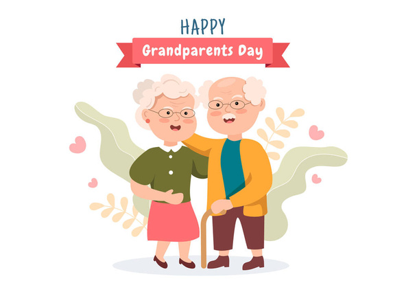 Симпатичный мультфильм со старшей парой, цветочным оформлением, бабушкой и дедушкой в плоском стиле для плаката или поздравительной открытки - Вектор,изображение