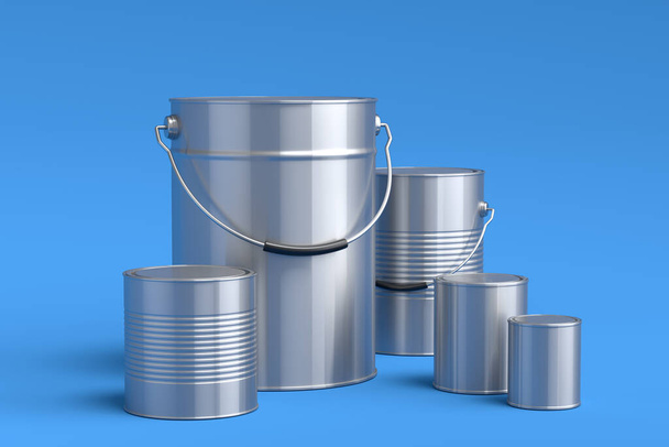 Set of metal cans or buckets of paint with handle on blue background. 3d render of renovation concept and interior design - Photo, Image