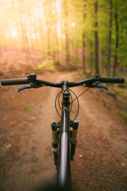 First person view of handling the bicycle on the empty forest road towards sunlight. Outdoor bike riding during sunny summer evening - 写真・画像
