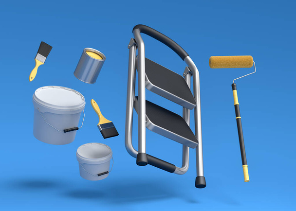 Set of metal cans or buckets with paint roller, brush and folding ladder for painting walls on blue background. 3d render of renovation apartment concept and interior design - Photo, image