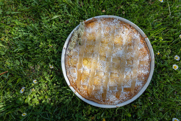 Close up shot of italian easter dessert, a home made Pastiera Napoletana cake, with ricotta cheese, candied peel, orange blossom water and cooked wheat. Typical from Naples. Grawss lawn background - Photo, Image