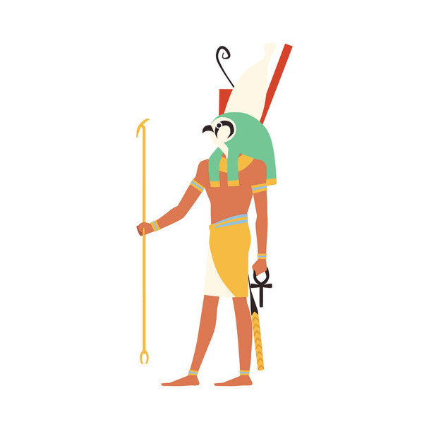 Horus Egyptian god of heaven full length portrait, flat cartoon vector illustration isolated on white background. Egyptian god or deity Horus with falcon bird head. - Vector, imagen