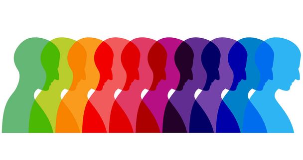 Cabezas de perfil de hombres. Silueta facial en muchos colores diferentes. Fondo vectorial. - Vector, Imagen