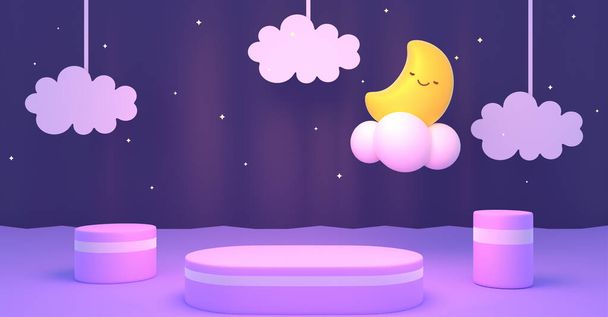 3d renderizado podio con la luna dormida y nubes de papel colgante. - Foto, imagen