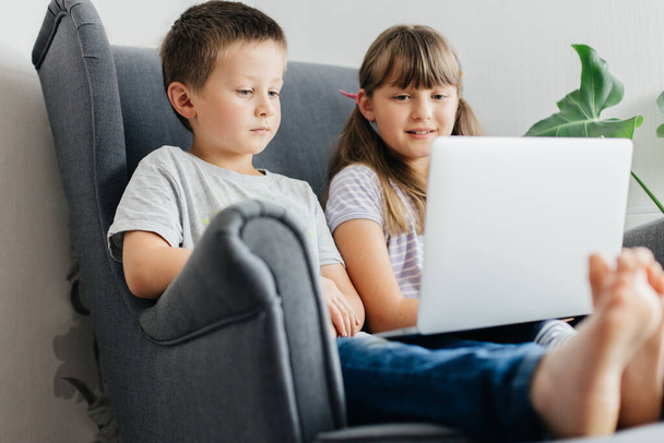 Koulutyttö veljensä kanssa katselee läppärillä opiskelua istuessaan nojatuolissa. Lapset oppivat etäopiskeluna verkossa. Teknologian käyttö nykymaailmassa - Valokuva, kuva