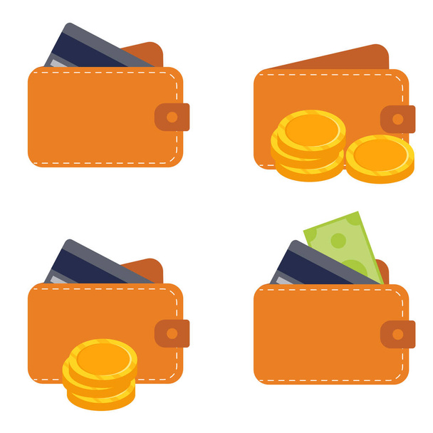 Set Leather wallet with credit card, money and coins.  Vector illustration. - Vector, Image