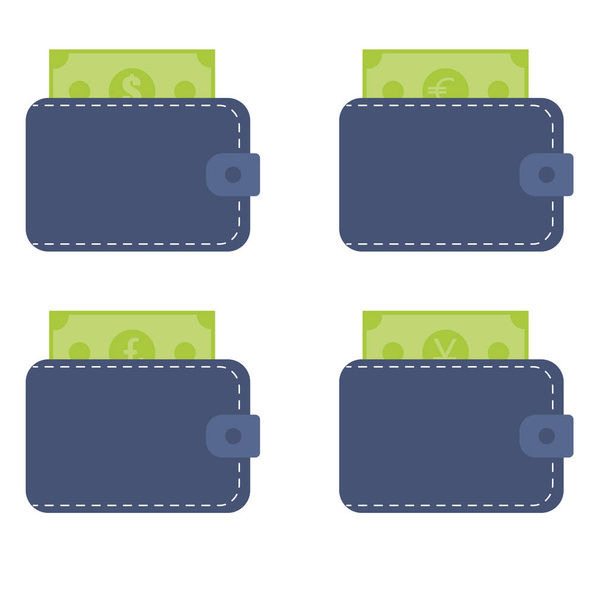 Conjunto de carteiras de couro com dinheiro dólar, euro, libra, iene. Isolado em fundo branco. Ilustração vetorial. - Vetor, Imagem
