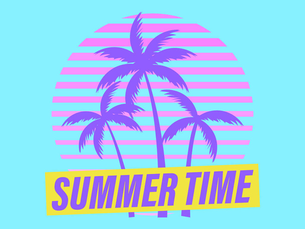 Захід сонця з пальмами в стилі 80-х років. Літня вечірка. Ретро футуристичне сонце з контурними пальмами в синхронному стилі. Дизайн для друку рекламних брошур, банерів та плакатів. Векторні ілюстрації
 - Вектор, зображення