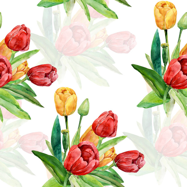 Red tulips seamless pattern.Image on a white and colored background. - Foto, Imagen
