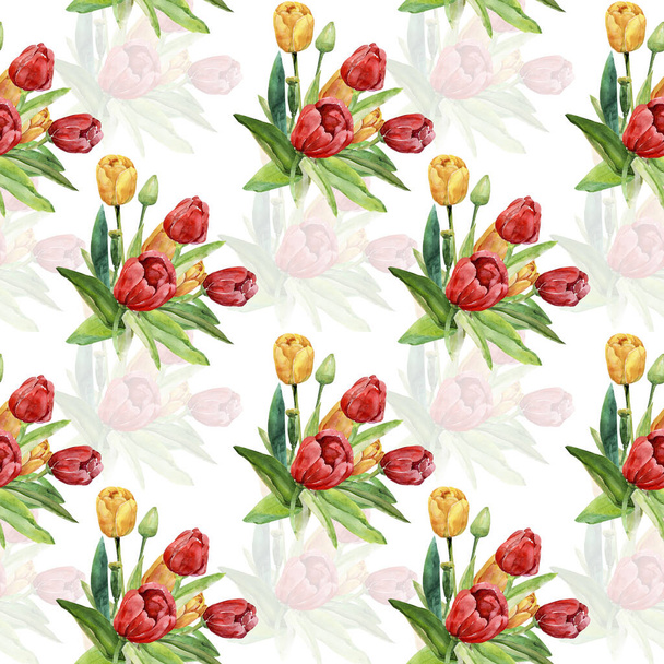 Красные тюльпаны бесшовный узор. Изображение на белом и цветном фоне. - Фото, изображение