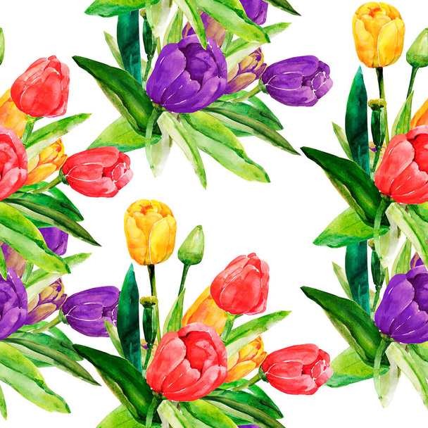 Red tulips seamless pattern.Image on a white and colored background. - Photo, Image