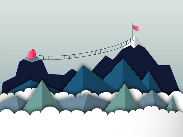 Επιχειρηματική έννοια της υπέρβασης των εμποδίων και την αποδοχή προκλήσεων. Εικονογράφηση μιας χαρτοκοπτικής κορυφής βουνού με καλύβα και κρεμαστή γέφυρα για να φτάσετε στην κορυφή του βουνού - Διάνυσμα, εικόνα
