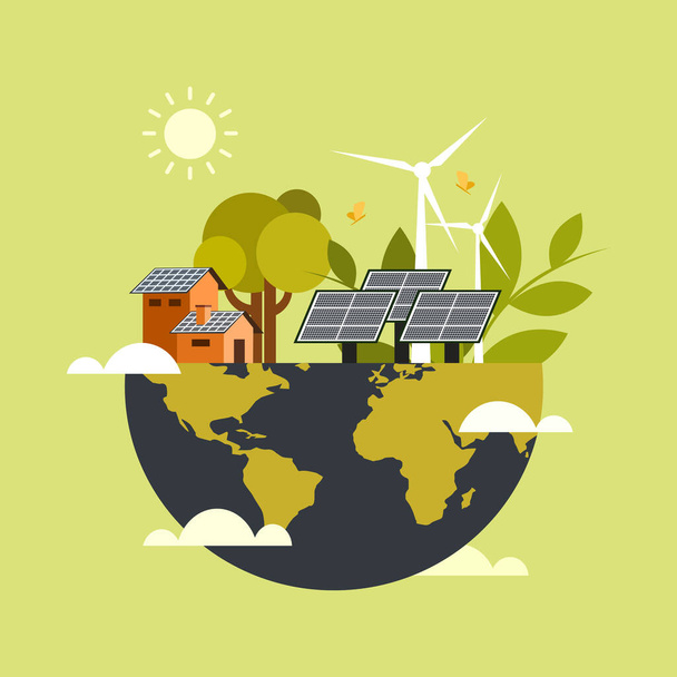 Εννοιολογική απεικόνιση πλανήτη γη με οικολογικά ανανεώσιμες πηγές ενέργειας - Διάνυσμα, εικόνα