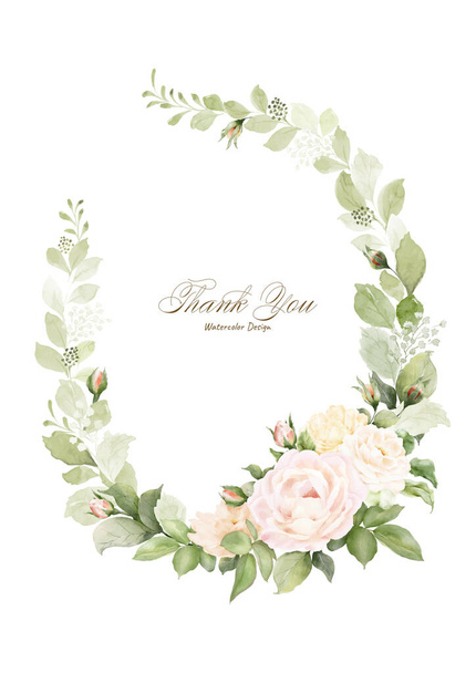 Akvarell koszorú keret design rózsaszín rózsák és levelek. Virágvektor elrendezése elszigetelt fehér alapon, alkalmas esküvői meghívók, mentse el a dátumot, köszönöm, vagy üdvözlő kártyák. - Vektor, kép