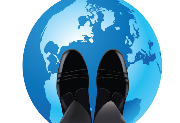 feet with shiny shoes above globe - Vector, Image