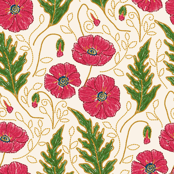 Poppy flower embroidery - Ukrainian seamless pattern. Vector illustration - Vector, Imagen