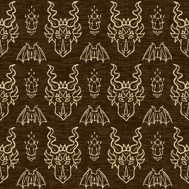 Dragon linen effect texture seamless pattern. Woven mythical beast for fantasy fairytale nursery decor. Decorative draco print for kids wallpaper - Fotoğraf, Görsel