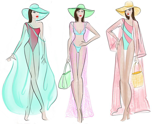 Sketch Fashion Illustration on a white background Woman in Woman in swimsuit and hat - Zdjęcie, obraz