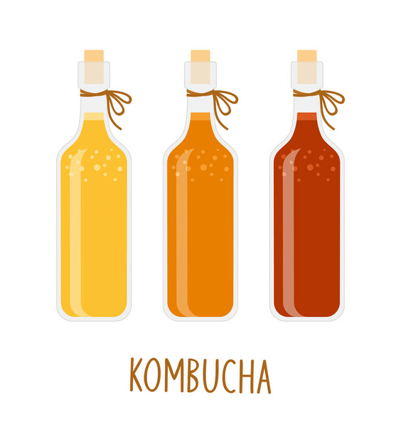 Homemade kombucha tea of different colors in glass bottles on a white background - Vektori, kuva