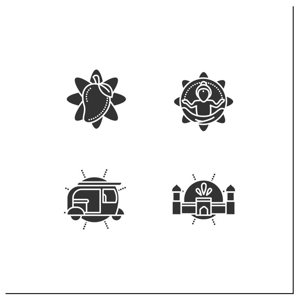 Indian culture glyph icons set. Mango fruit, auto-rickshaw, Agra fort, yoga master. Country concept. Filled flat signs. Isolated silhouette vector illustrations - Vector, Image