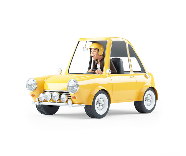 3d cartoon mann driving racing car, illustration isoliert auf weißem hintergrund - Foto, Bild