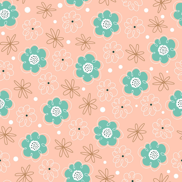 Leuke groene bloemen op perzikbloemenachtergrond Vector naadloos patroon - Vector, afbeelding