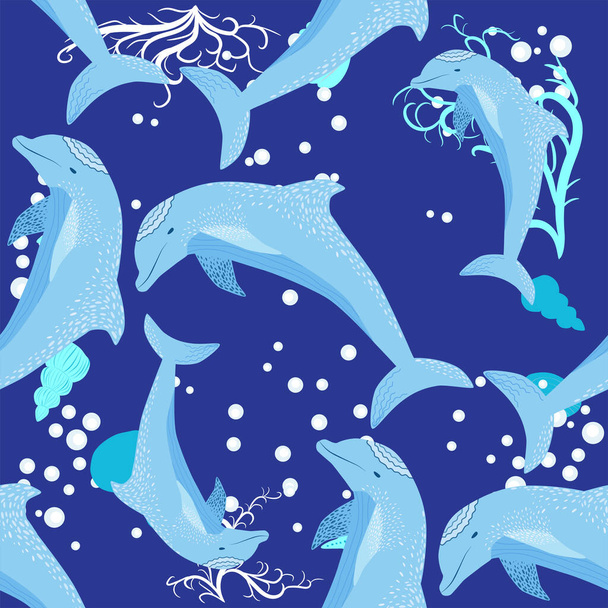 Dolphin, sea inhabitants seamless pattern, beautiful character among seashells, algae, starfish, marine wildlife. - Вектор,изображение