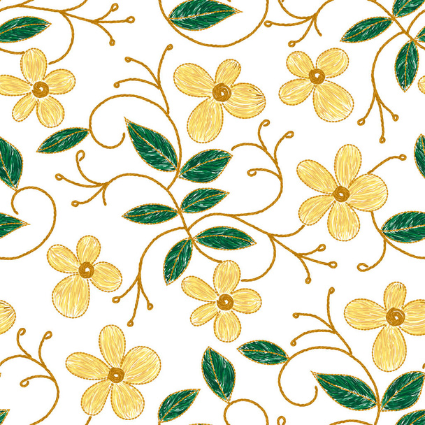 Flower embroidery color illustration, Ethnic fabric floral seamless pattern - Διάνυσμα, εικόνα