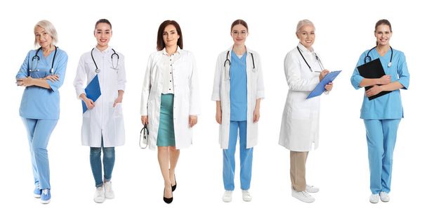 Collage with photos of doctors on white background. Banner design - Foto, Imagem