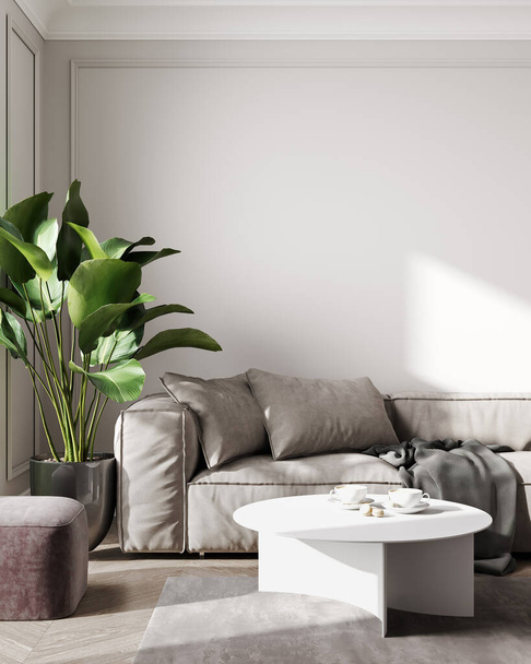 Home interior, luxury modern light living room interior, beige empty wall mock up, 3d rendering - Photo, Image