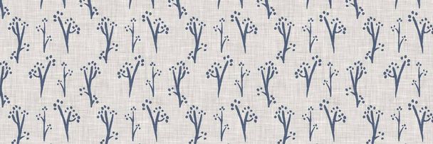 Francese blu foglia botanica lino bordo senza cuciture con 2 tono stile cottage di campagna motivo. Semplice effetto tessuto rustico vintage. Primitivo design moderno shabby chic stoffa da cucina - Foto, immagini