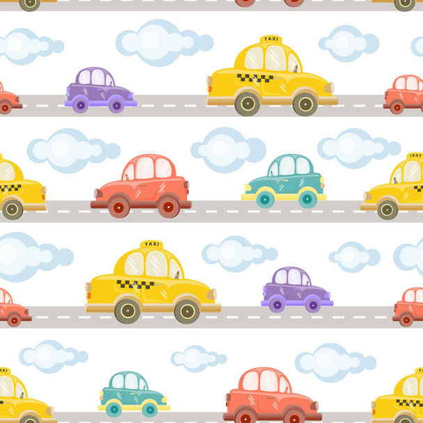 Niedliche Kinder Hintergrund. Babyautos, Ampeln und Verkehrsschilder auf weißem Hintergrund. Illustration der Autobahn im Cartoon-Stil für Tapeten, Stoff und Textildesign. Nahtloses Vektormuster - Vektor, Bild