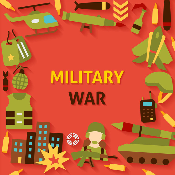 Poster modello di guerra militare. Illustrazione vettoriale dei simboli dell'esercito. - Vettoriali, immagini
