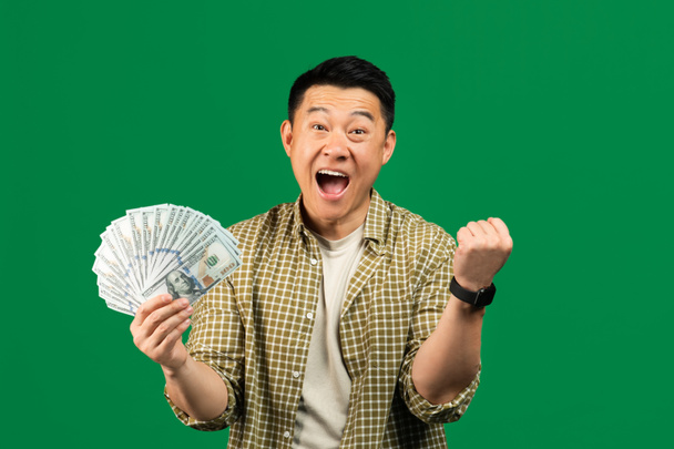 緑のスタジオの背景の上にカメラで叫んで、 YESのジェスチャーを作るたくさんのお金を持つ喜び成熟したアジアの男。幸運な男彼の財政的成功を祝う - 写真・画像