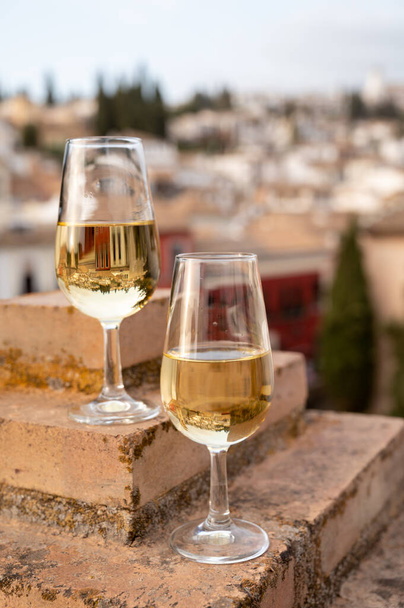 Ochutnávka sladkého a suchého opevněného vína Vino de Jerez sherry s výhledem na střechy a domy starého andaluského města, jižní Španělsko - Fotografie, Obrázek