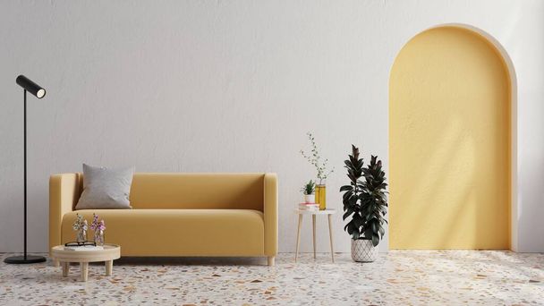 Κίτρινο καναπέ με φυτό σε λευκό τοίχο και πάτωμα Terrazzo. 3d απόδοση - Φωτογραφία, εικόνα