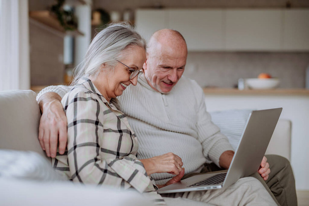 Cheerfull senior couple sitting on sofa and using laptop together. - Fotoğraf, Görsel