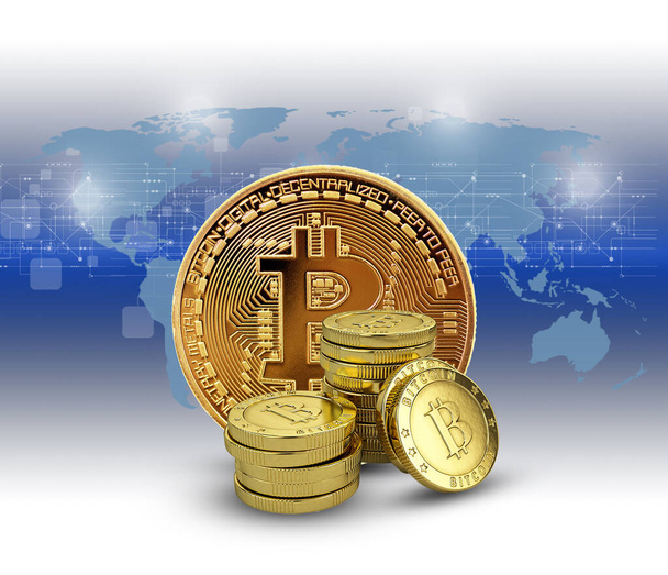 Bitcoin d'oro su sfondo bianco - concetto di business di valuta crypto. - Foto, immagini
