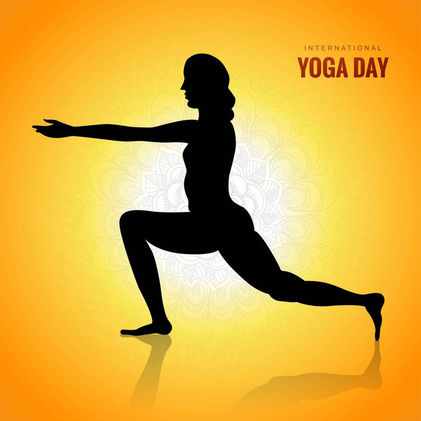 El día internacional del yoga de la mujer haciendo yoga posan en el fondo de la celebración - Vector, imagen